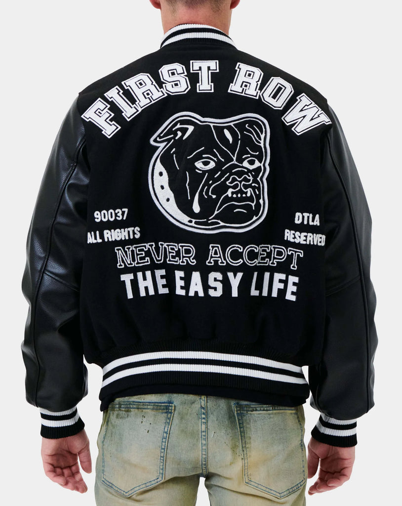 Men's First Row Never Accept The Easy Life Varsity Jacket Black