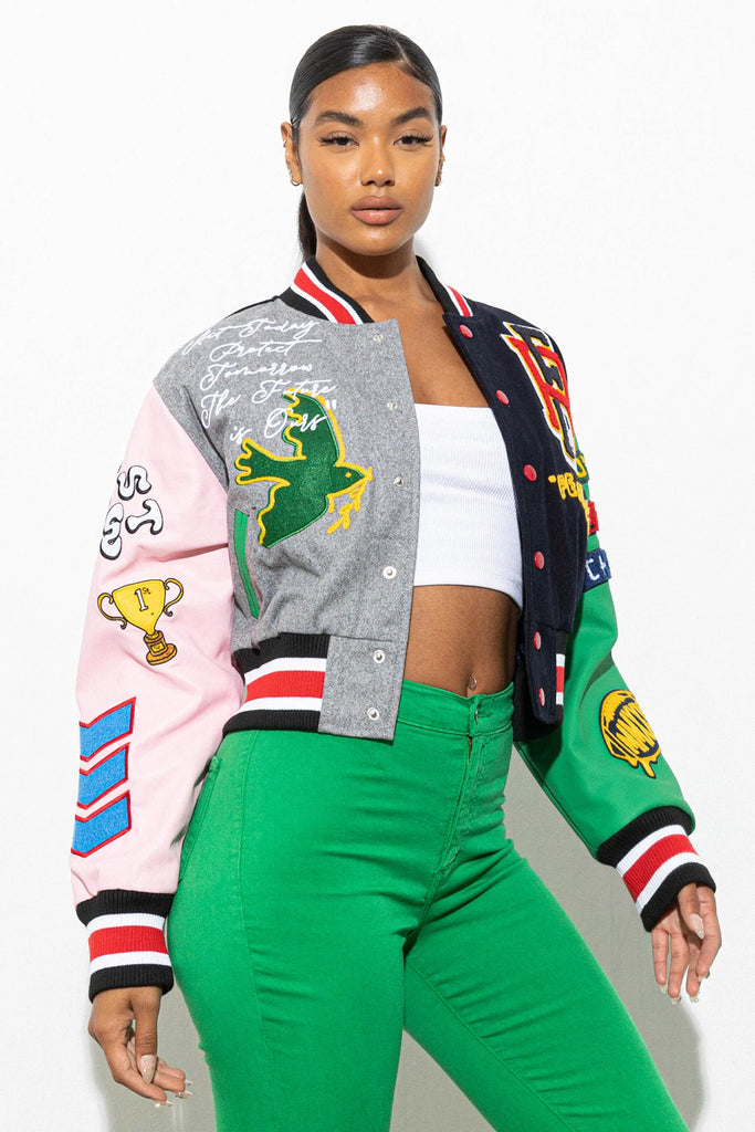 Women's First Row Bright Future Cropped Varsity Jacket