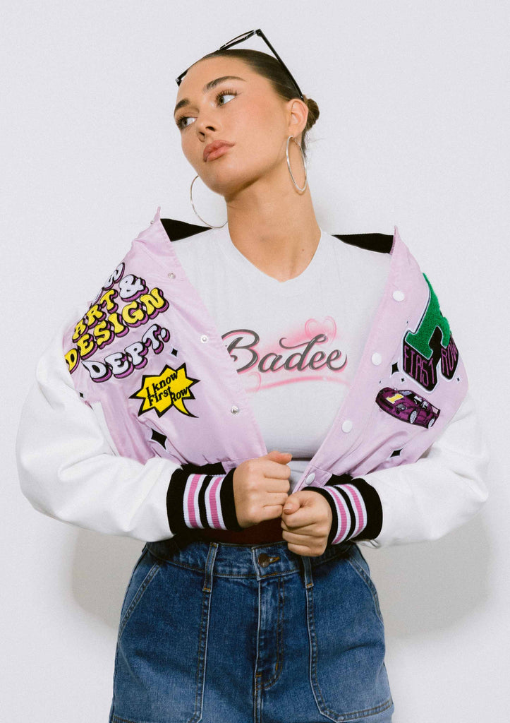 Women's First Row Kaneda's Bike Cropped Varsity Jacket Lavender