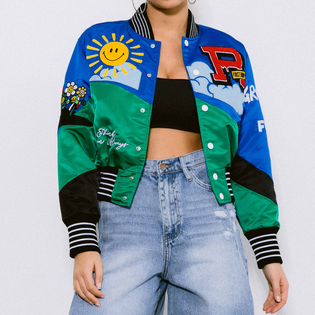 Women's First Row Think Green Cropped Varsity Jacket