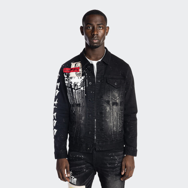 Men's Smoke Rise Graphic Patched Fashion Denim Jacket Dusty Black - L /  BLACK