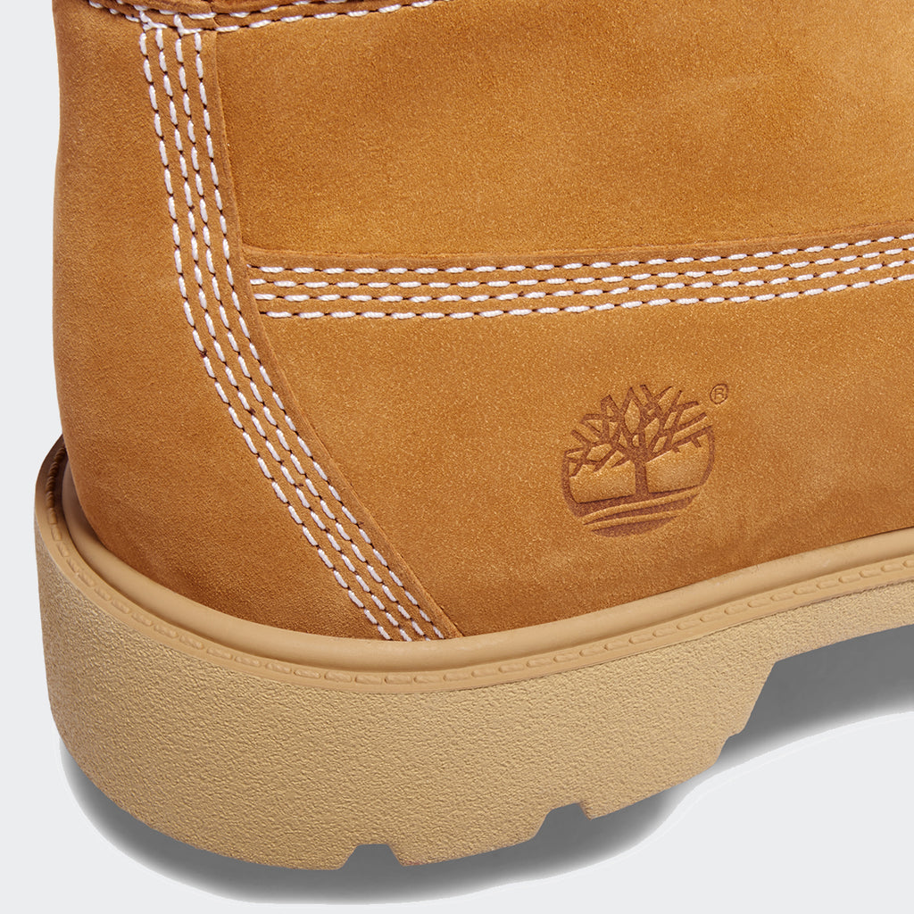 Kid's Timberland 6-Inch Classic Ankle Boots Wheat (TB010960713) | Chicago City Sports | close-up view of Timberland logo