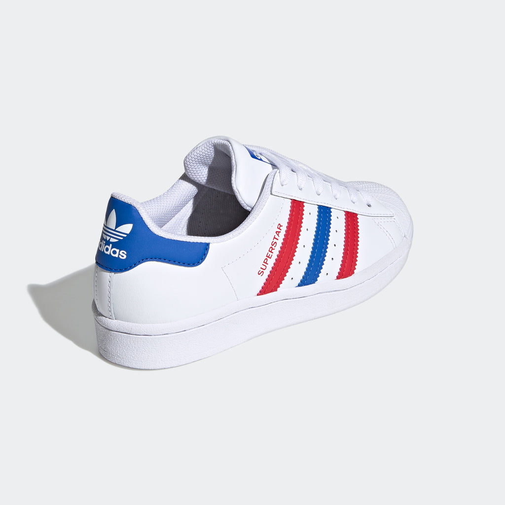 Kids' adidas Superstar Shoes Red White and Blue (SKU FW5851) | Chicago City Sports | diagonal view
