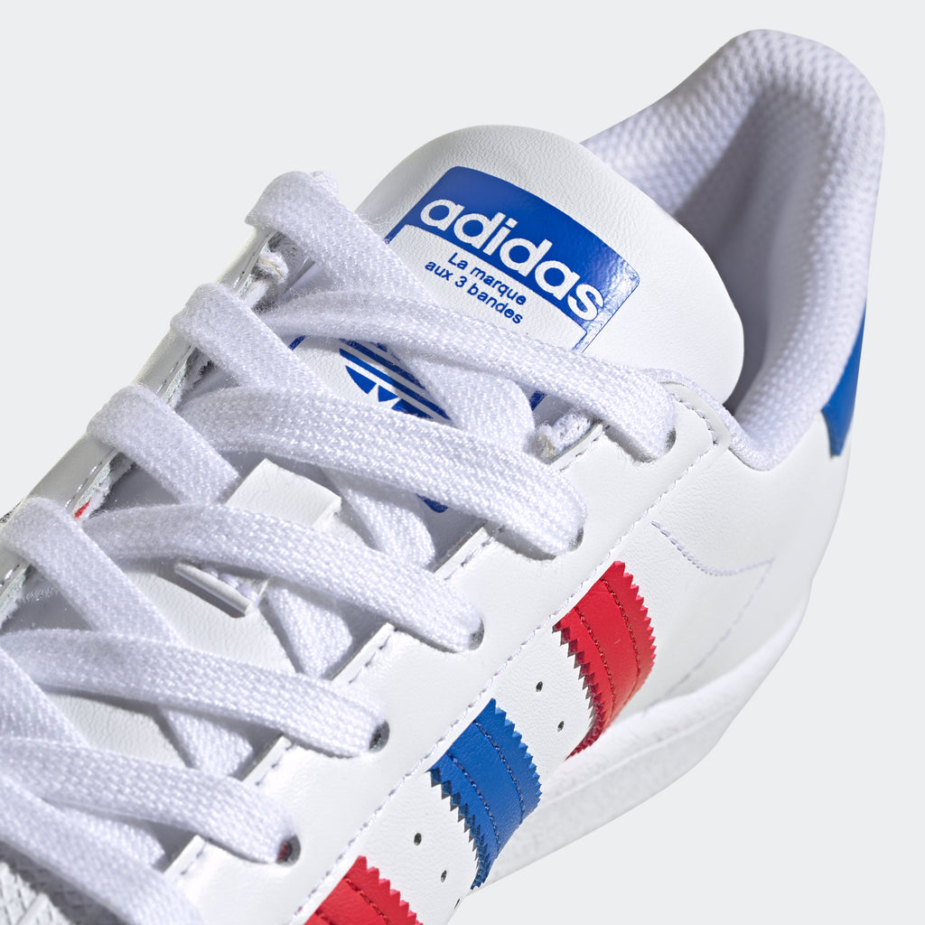 Kids' adidas Superstar Shoes Red White and Blue (SKU FW5851) | Chicago City Sports | detailed laces view