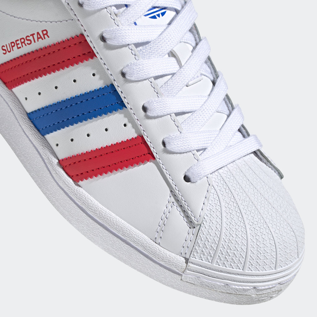 Kids' adidas Superstar Shoes Red White and Blue (SKU FW5851) | Chicago City Sports | detailed toe area view