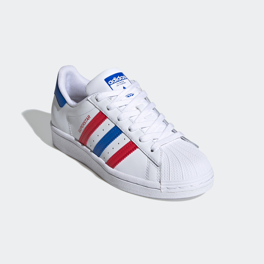 Kids' adidas Superstar Shoes Red White and Blue (SKU FW5851) | Chicago City Sports | diagonal view