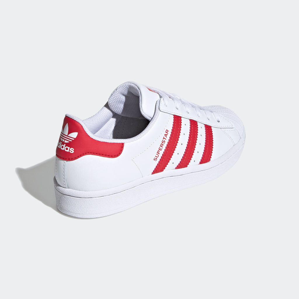 Kids' adidas Originals Superstar Shoes White Scarlet FW8293 | Chicago City Sports | rear angled view