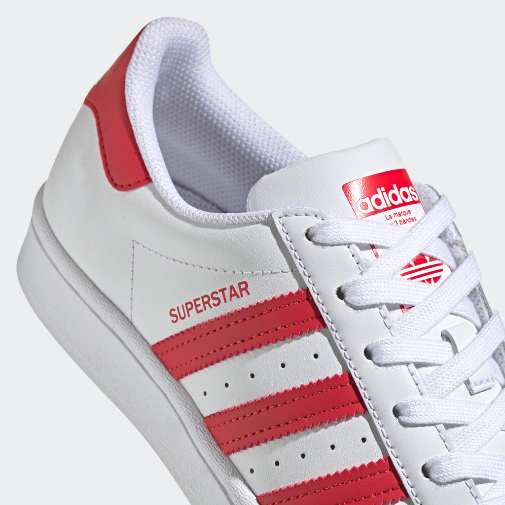 Kids' adidas Originals Superstar Shoes White Scarlet FW8293 | Chicago City Sports | laces and tongue view