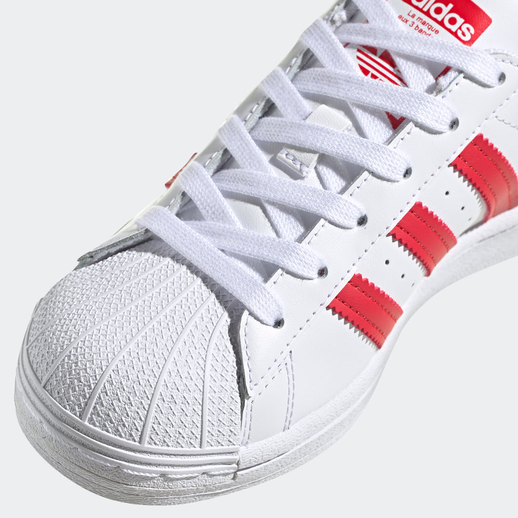 Kids' adidas Originals Superstar Shoes White Scarlet FW8293 | Chicago City Sports | toe view