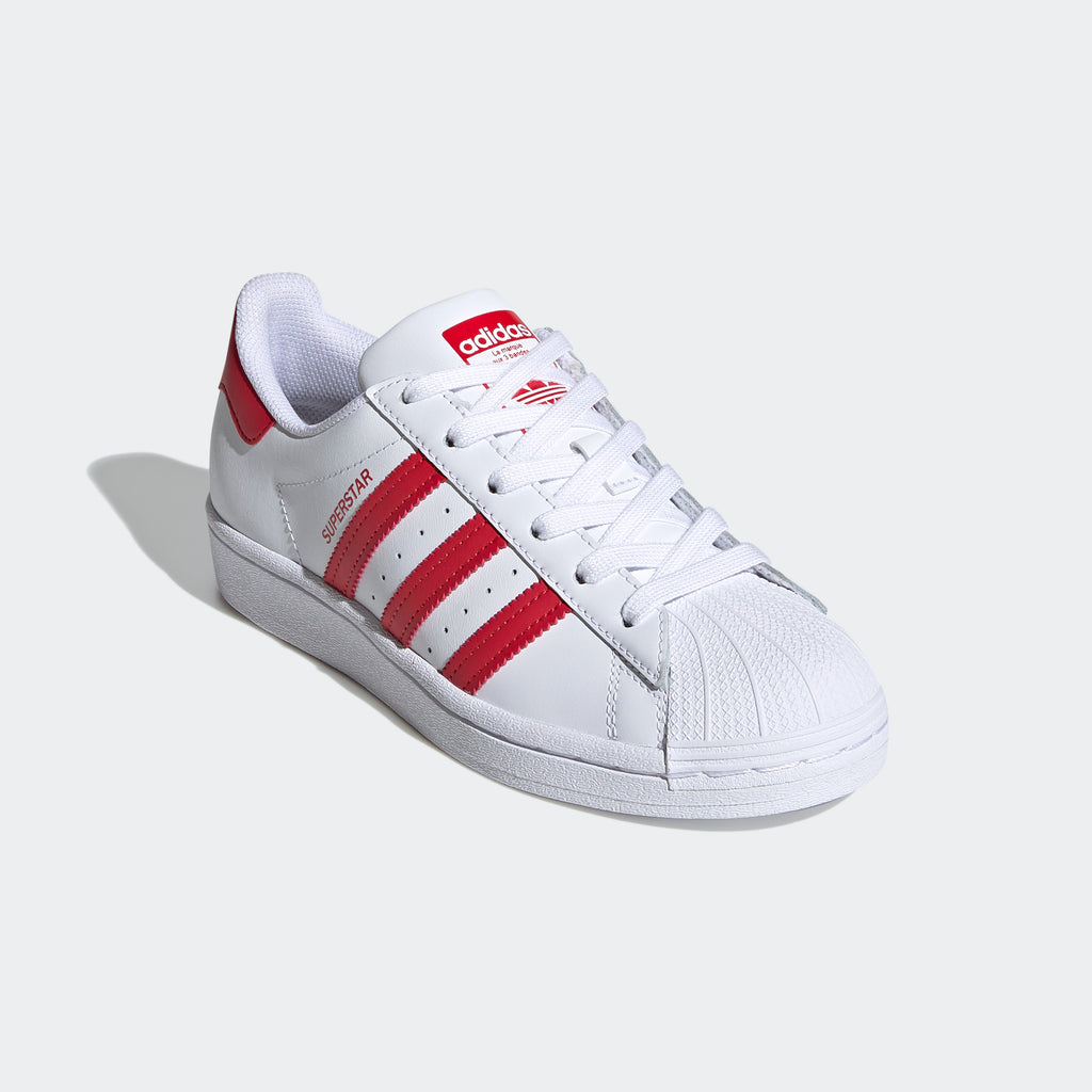 Kids' adidas Originals Superstar Shoes White Scarlet FW8293 | Chicago City Sports | angled view