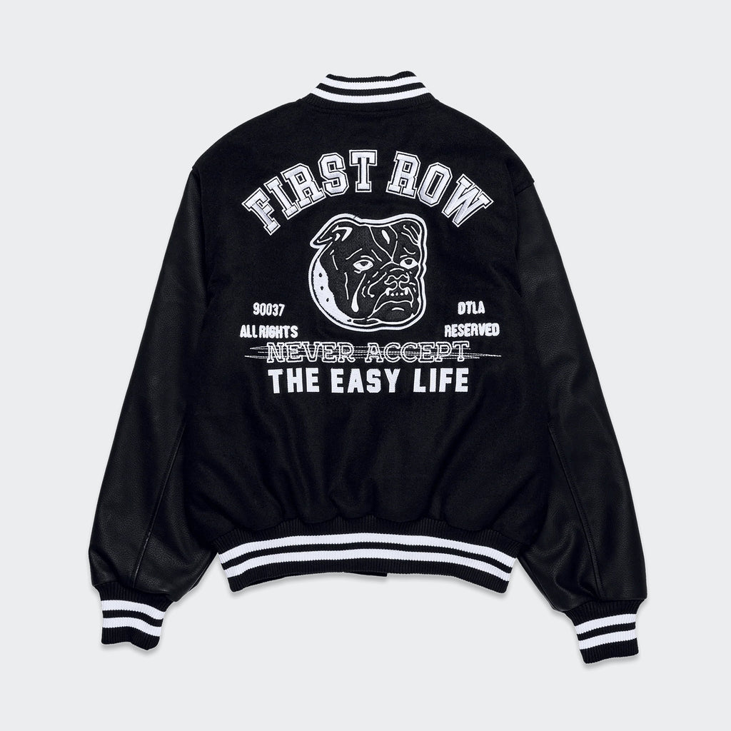Men's First Row Never Accept The Easy Life Varsity Jacket Black