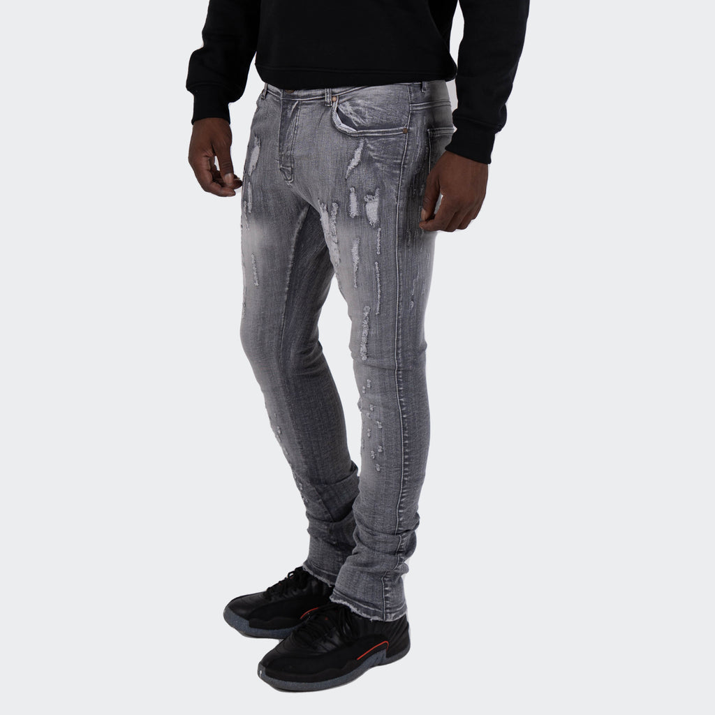 Men's TWO MILL TWENTY "Armitage" Slim Skinny Scratched Frosted Acid Wash Urban Streetstyle Designer Denim Jeans Grey Frost