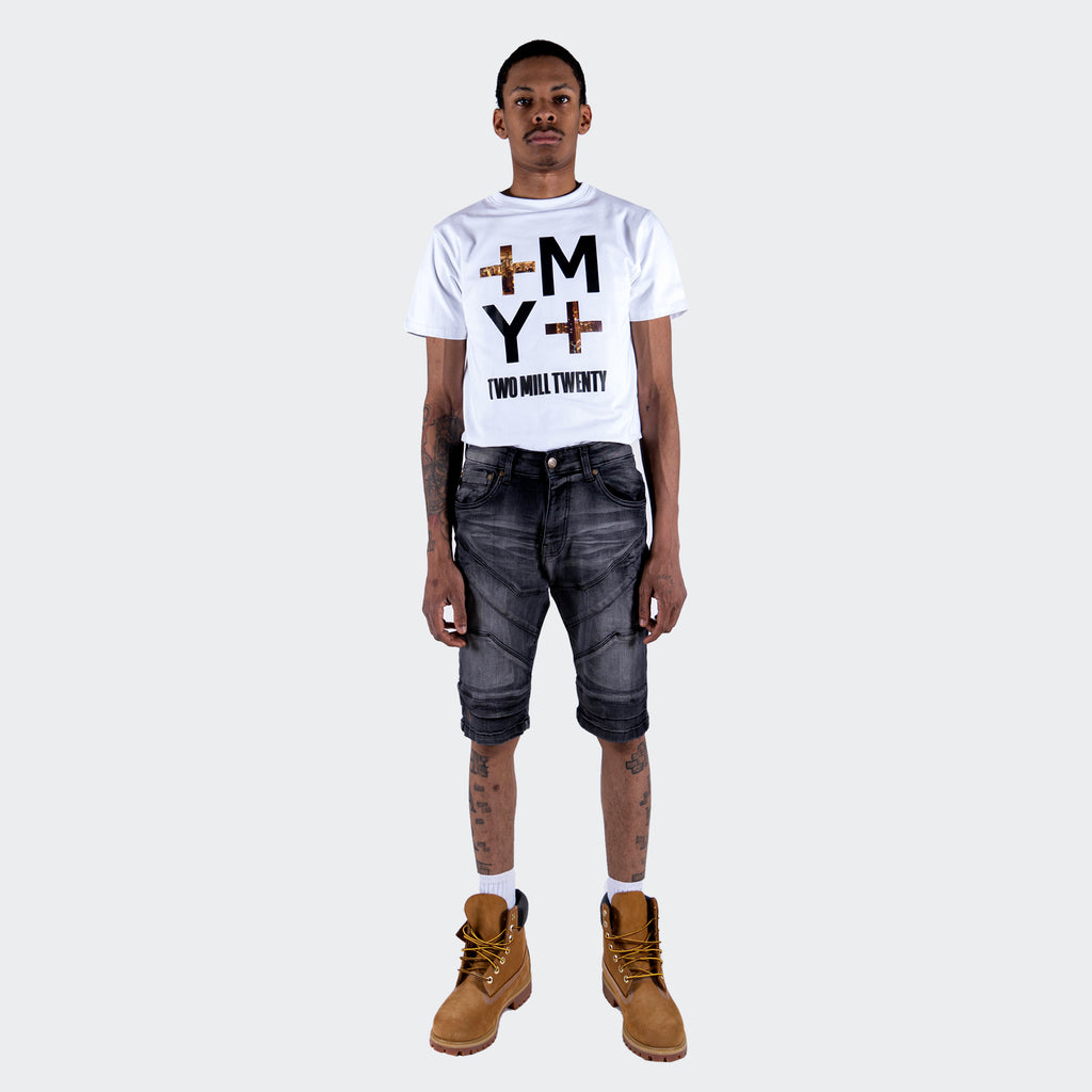 Men's TWO MILL TWENTY "Harrison" Classic Fit Carpenter Style Distressed Denim Jean Shorts Black Asphalt