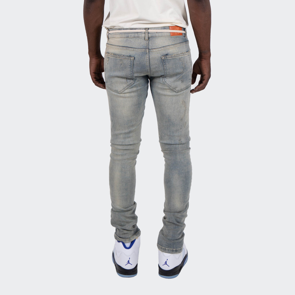 Men's TWO MILL TWENTY "McCormick" Slim Skinny Geometric Patchwork Distressed Denim Urban Fashion Jeans Vintage Wash