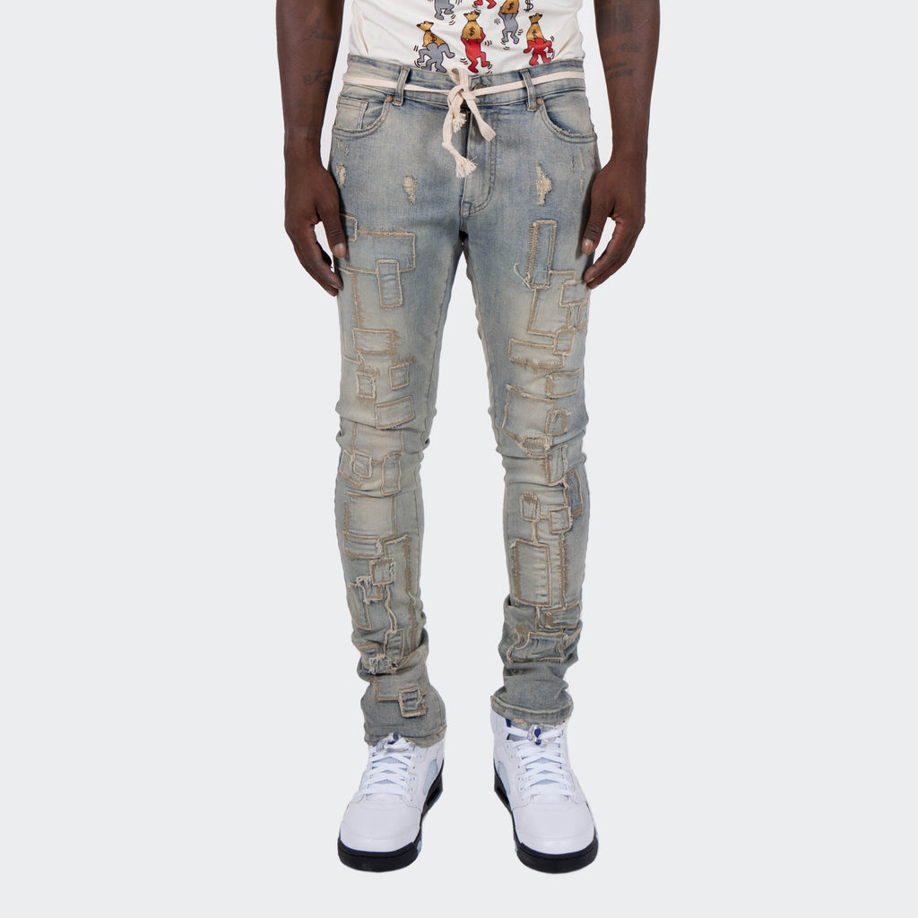Men's TWO MILL TWENTY "McCormick" Slim Skinny Geometric Patchwork Distressed Denim Urban Fashion Jeans Vintage Wash