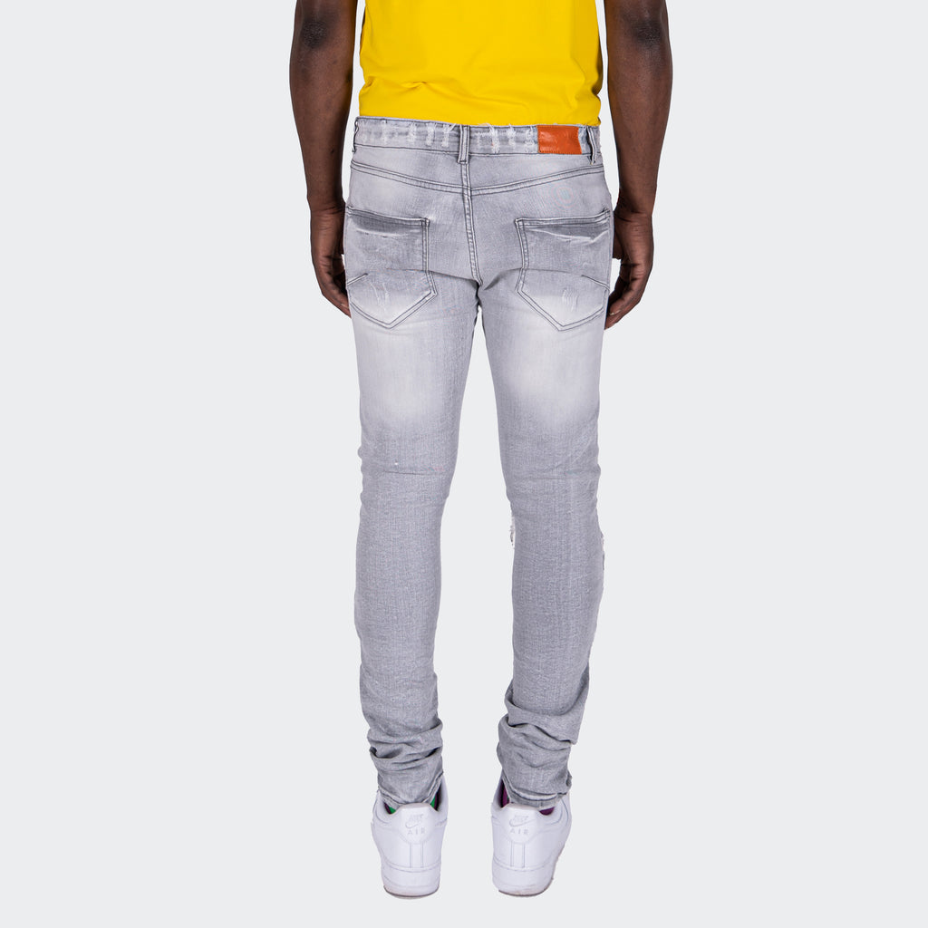 Men's TWO MILL TWENTY "Randolph" Slim Skinny Shredded Rip & Repair Denim Jeans Light Grey