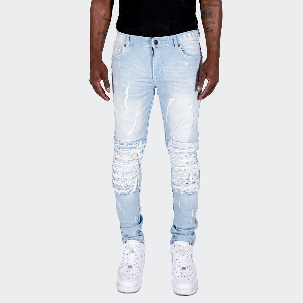 Men's TWO MILL TWENTY "Randolph" Slim Skinny Shredded Rip & Repair Denim Jeans Light Wash