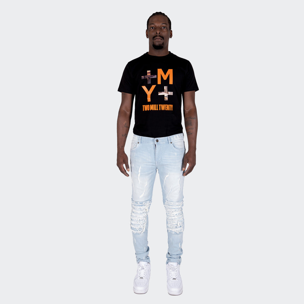 Men's TWO MILL TWENTY "Randolph" Slim Skinny Shredded Rip & Repair Denim Jeans Light Wash