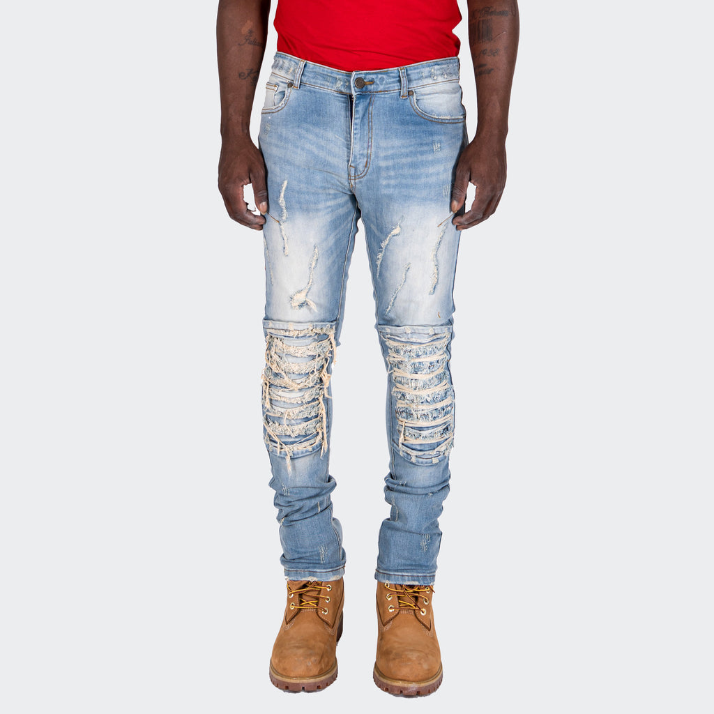 Men's TWO MILL TWENTY "Randolph" Slim Skinny Shredded Rip & Repair Denim Jeans Vintage