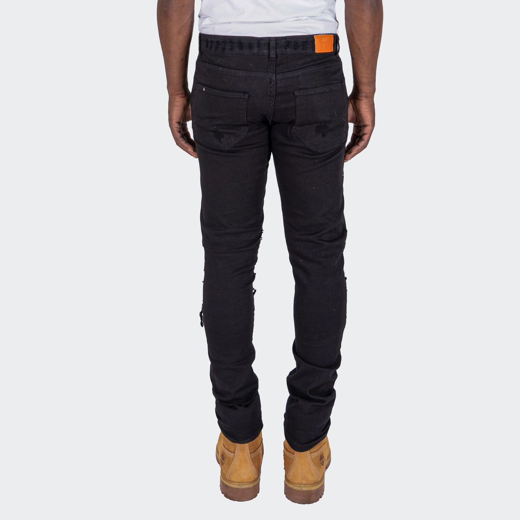Men's TWO MILL TWENTY "Randolph" Slim Skinny Shredded Rip & Repair Denim Jeans Black