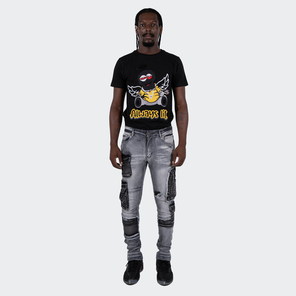 Men's TWO MILL TWENTY "Winchester" Slim Skinny Acid Wash Cargo Pocket Urban Streetwear Designer Denim Jeans Grey Acid