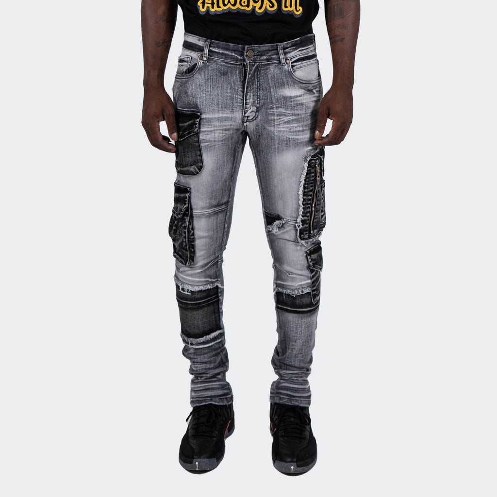 Men's TWO MILL TWENTY "Winchester" Slim Skinny Acid Wash Cargo Pocket Urban Streetwear Designer Denim Jeans Grey Acid