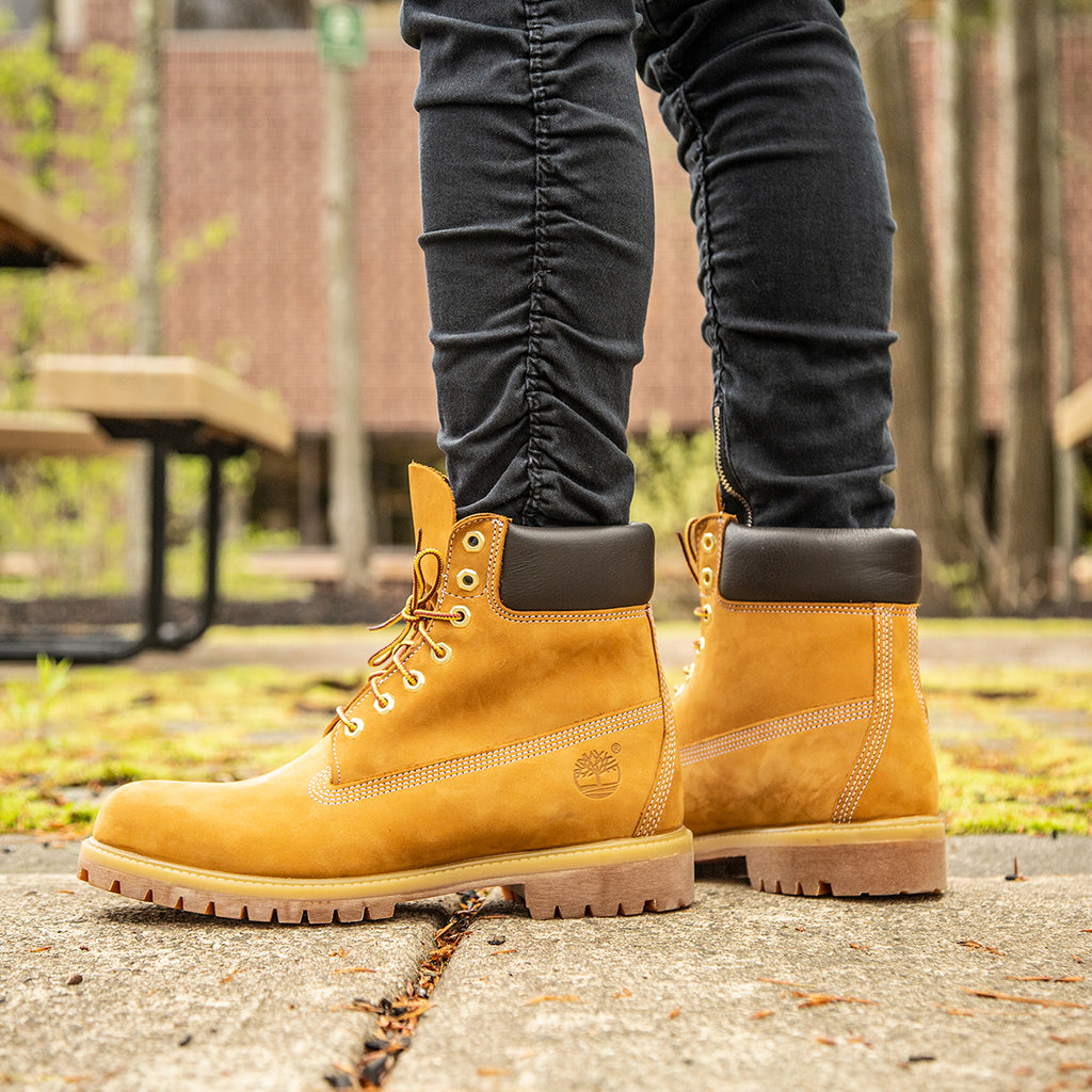Men's Timberland Icon 6-Inch Premium Waterproof Boots Wheat Nubuck (TB010061713) | Chicago City Sports | on model view