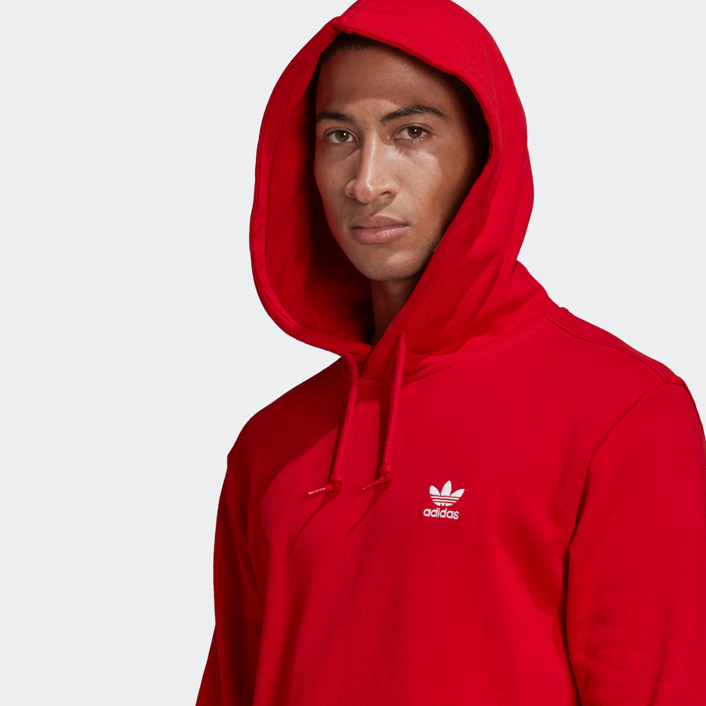 Men's adidas Trefoil Hoodie Scarlet Red GN3389 | Chicago City Sports | hood on