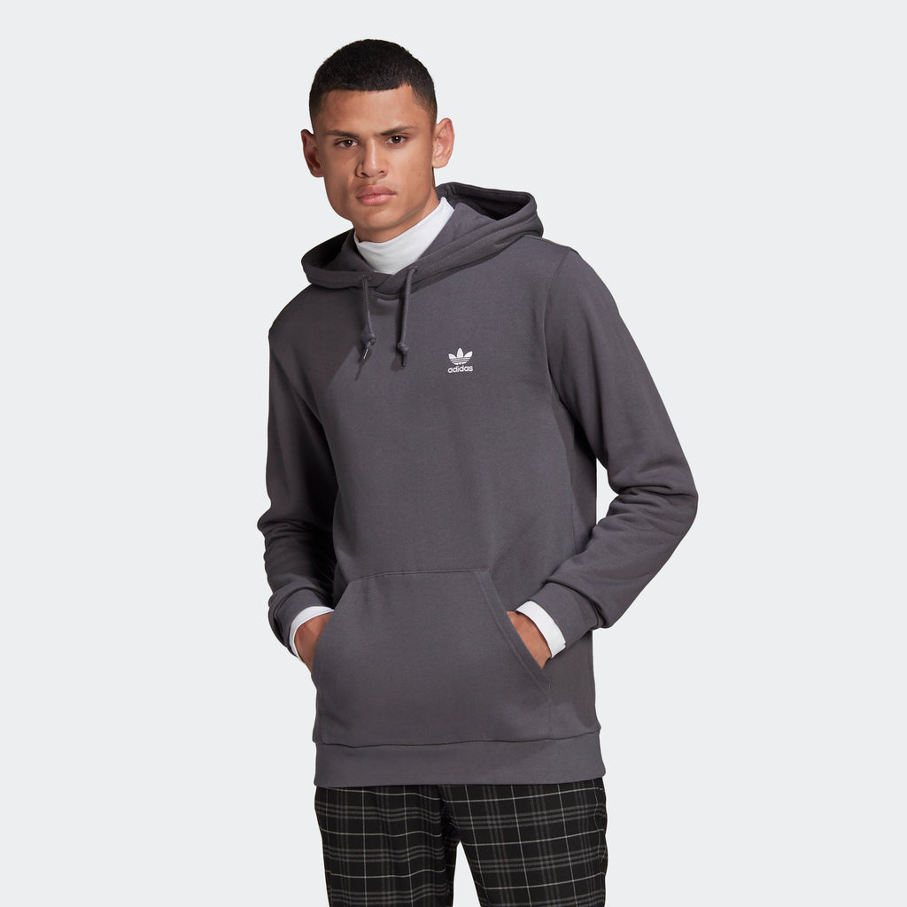 Men's adidas Essentials Trefoil Hoodie Grey Five GN3388 | Chicago City Sports | front view on model