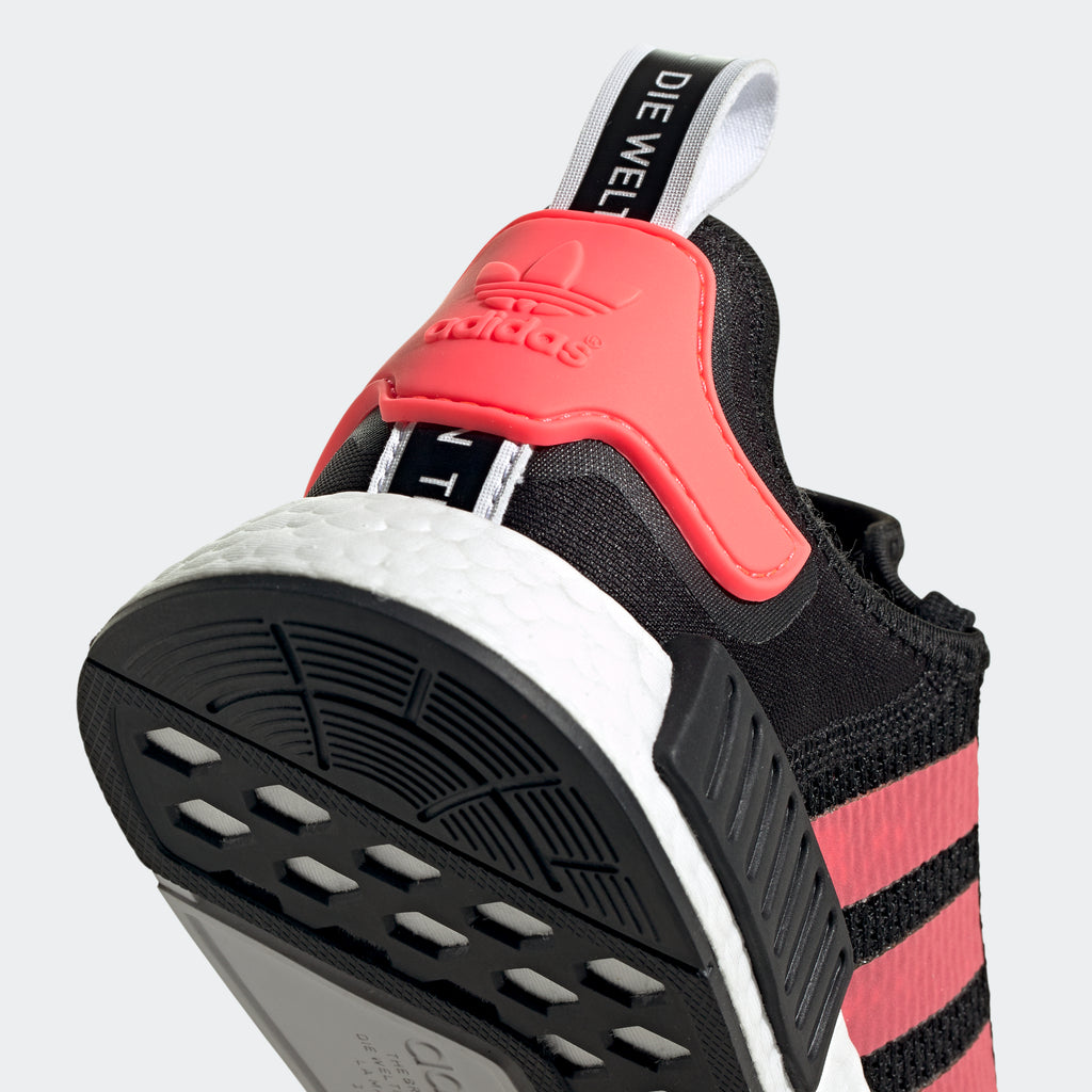 Men's adidas NMD_R1 Shoes Black Signal Pink FV9153 | Chicago City Sports | detailed heel view