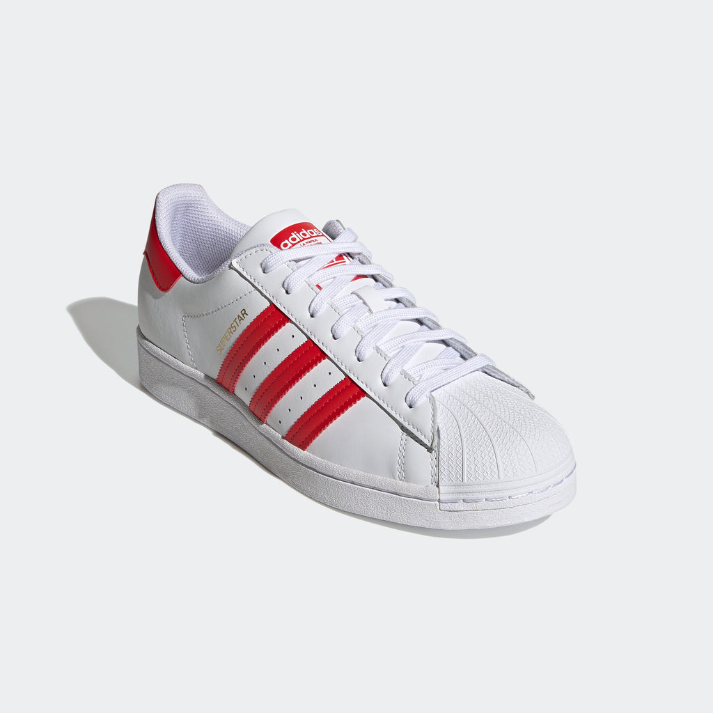 adidas Superstar Shoes White Vivid Red H68094 | Chicago City Sports | angled view