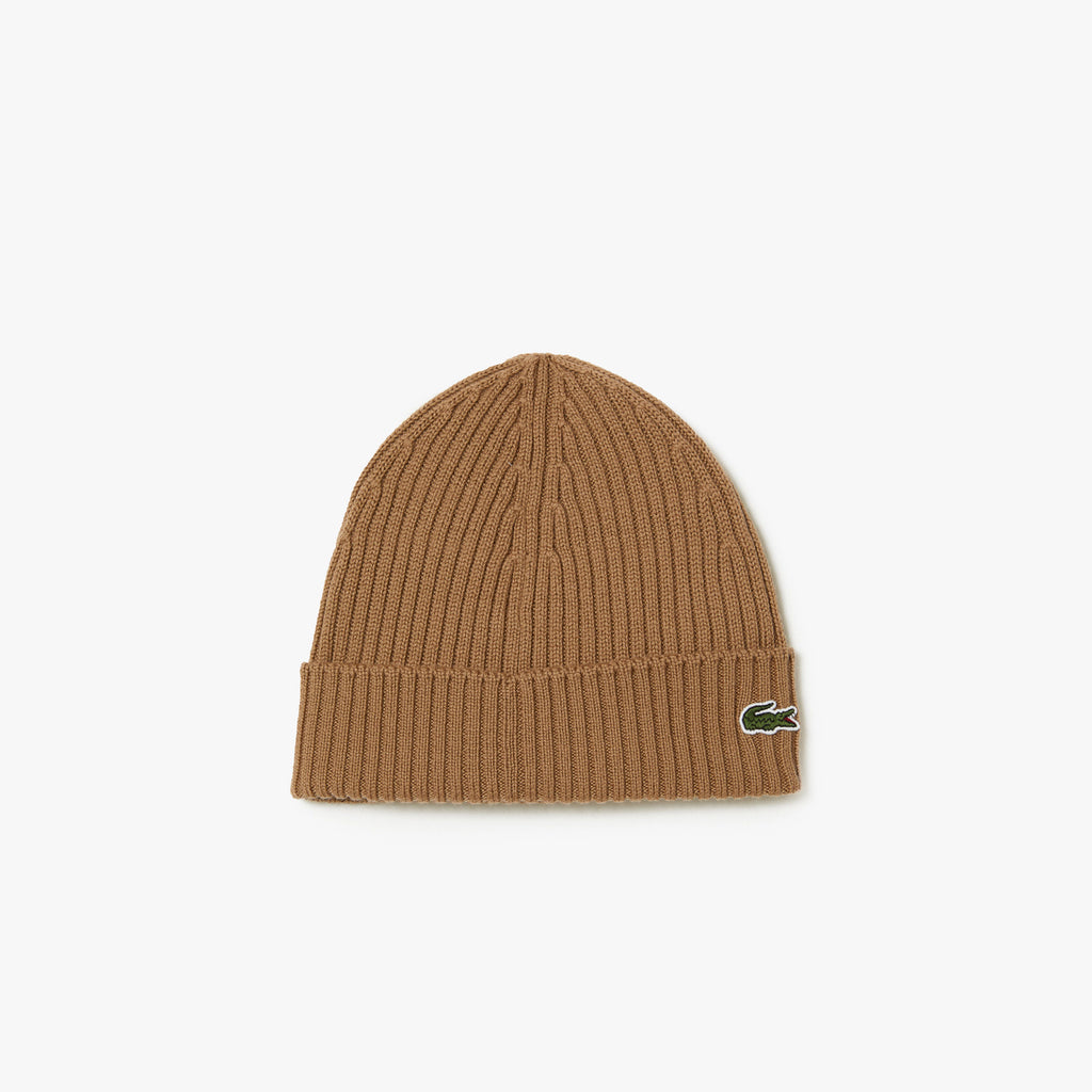 Unisex Lacoste Ribbed Wool Beanie Brown