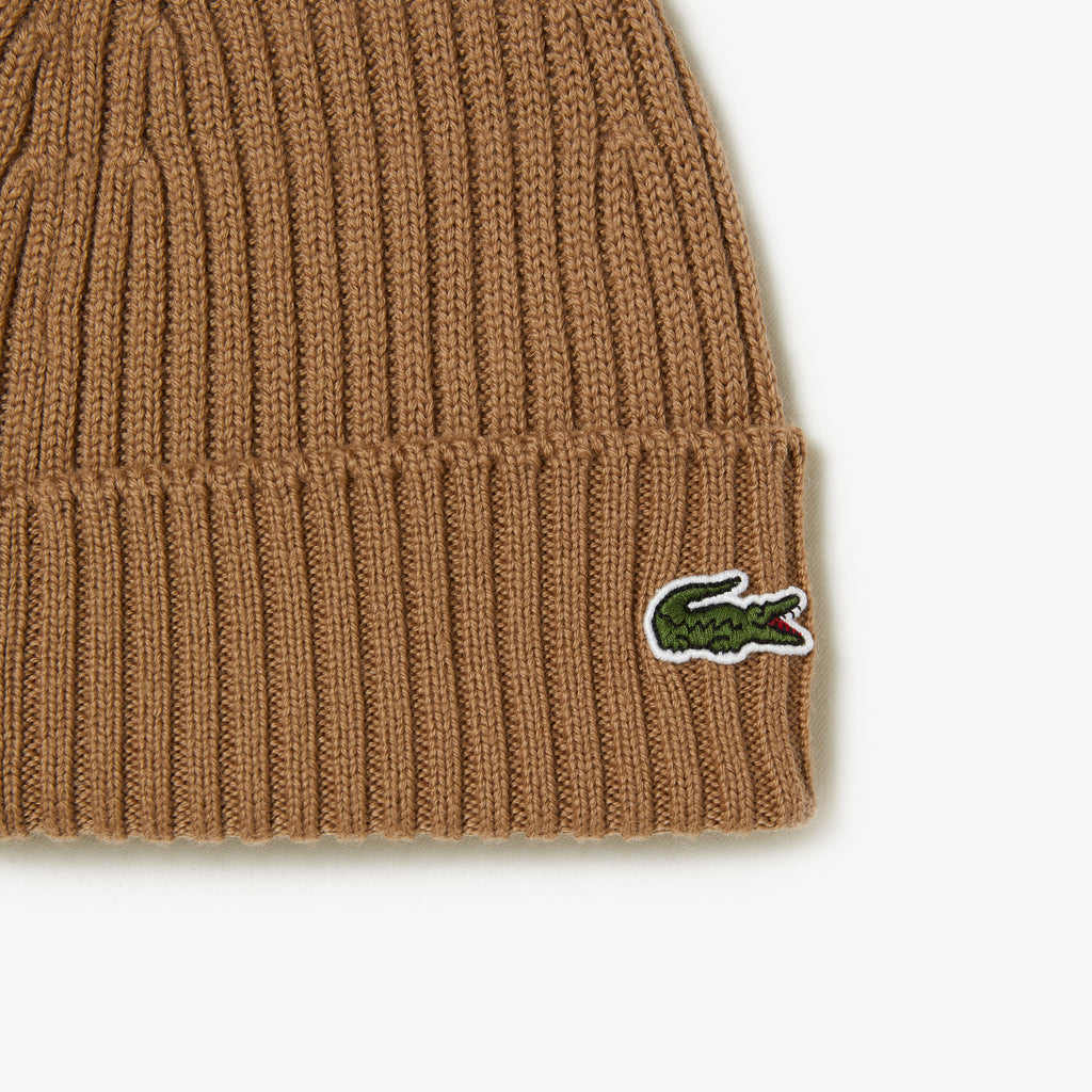 Unisex Lacoste Ribbed Wool Beanie Brown