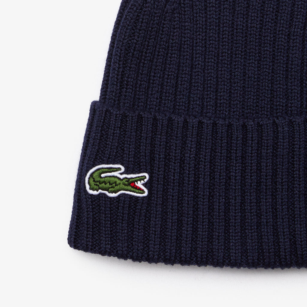 Unisex Lacoste Ribbed Wool Beanie Navy Blue