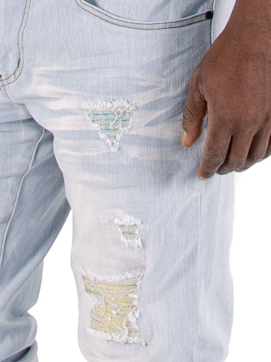 Men's TWO MILL TWENTY "Morgan" Slim Fit Rip & Repair Jeans Bleach Wash Light Blue