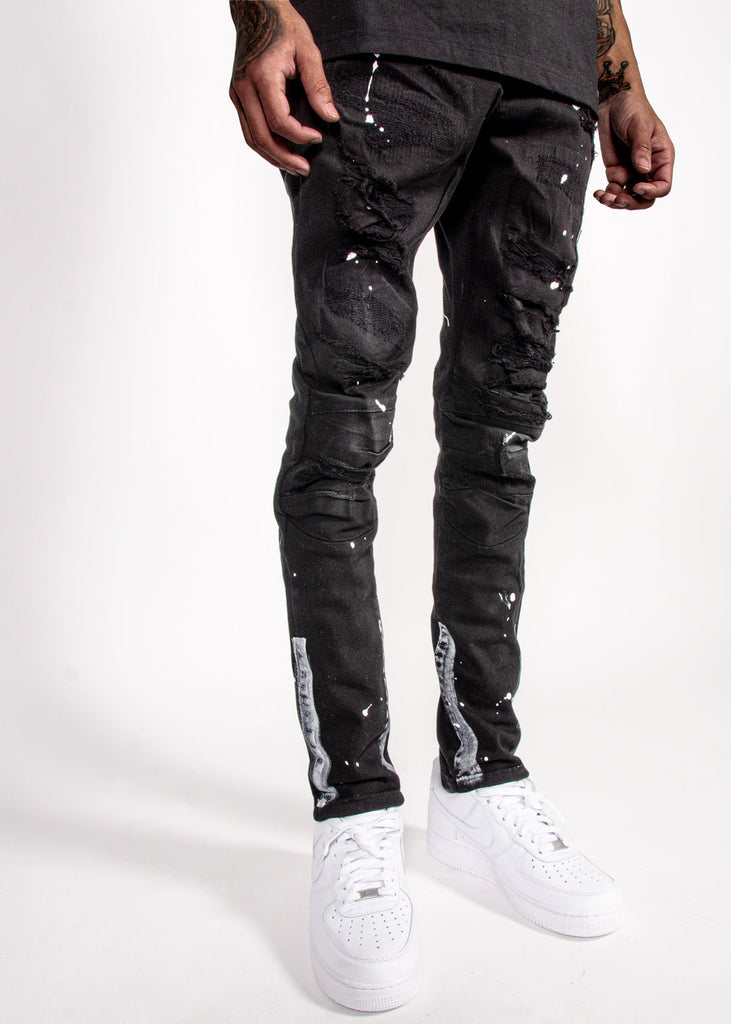 Men's TWO MILL TWENTY "Damen" Slim Fit Rip & Repair Jeans Jet Black