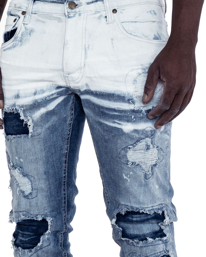 Men's TWO MILL TWENTY "Willow" Slim Fit Rip & Repair Jeans Light Stonewash Blue