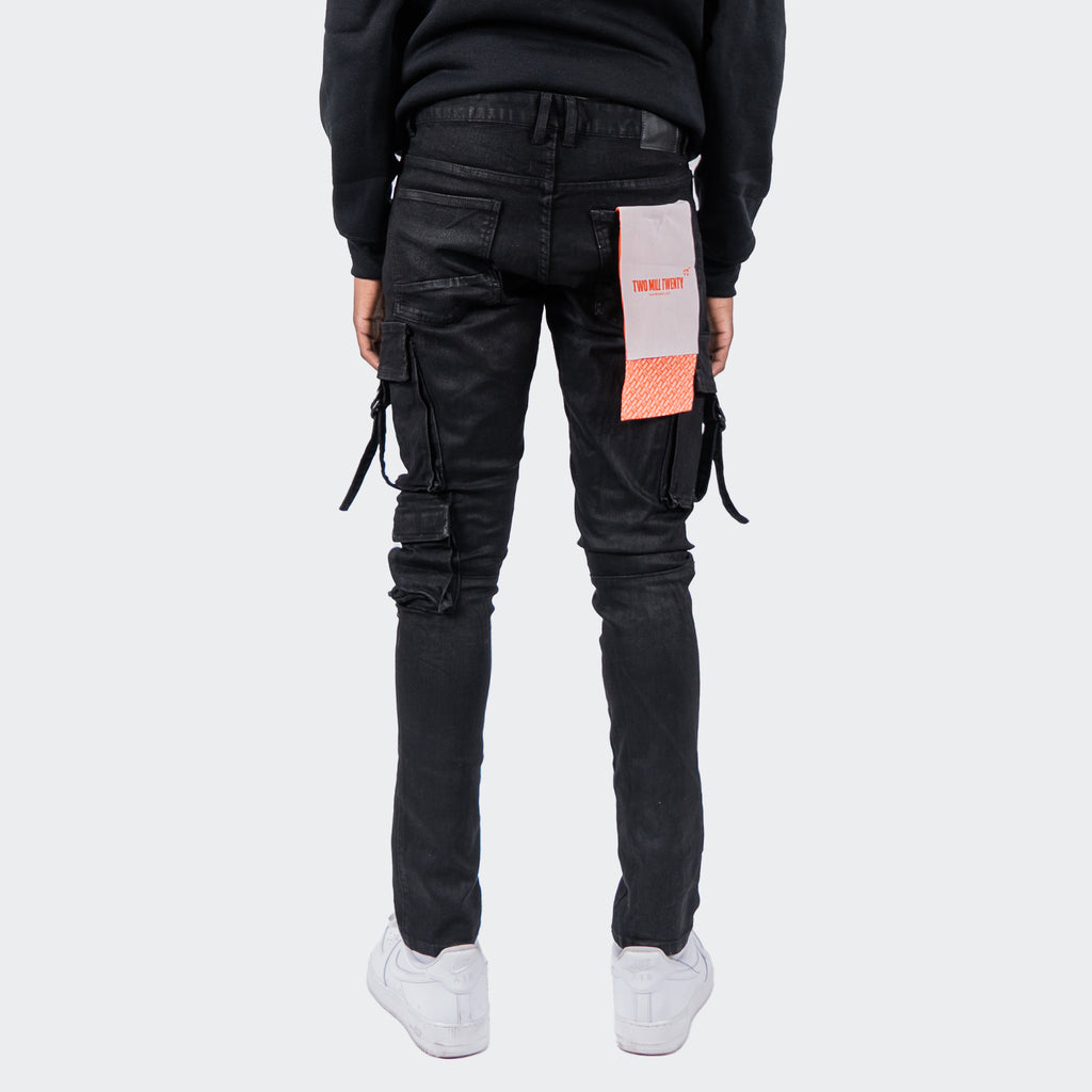 Men's TWO MILL TWENTY "Roscoe" Slim Fit Cargo Utility Pocket Urban Denim Jeans Black