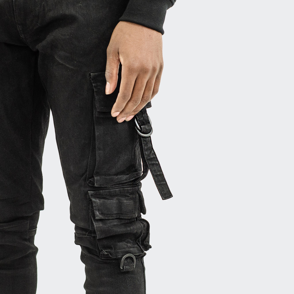 Men's TWO MILL TWENTY "Roscoe" Slim Fit Cargo Utility Pocket Urban Denim Jeans Black