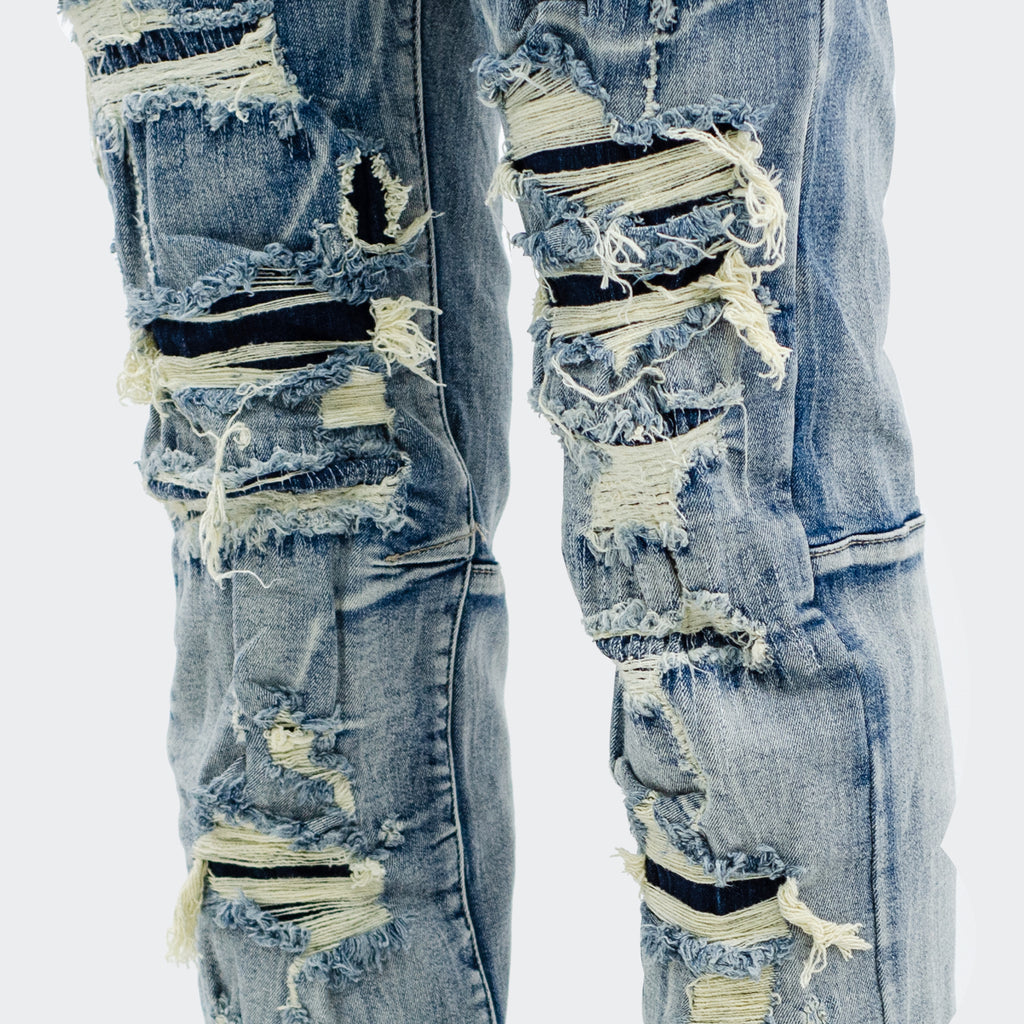 Men's TWO MILL TWENTY "Wrigley" Rip Torn Destroyed Skinny Denim Jeans Aspen Blue