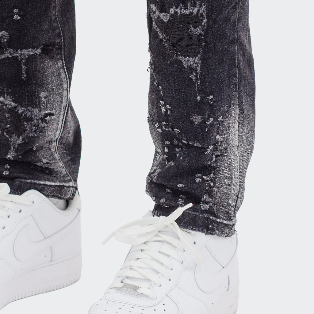 Men's TWO MILL TWENTY "Touhy" White Paint Splatter Rip & Repair Skinny Fit Urban Denim Jeans Dusty Black