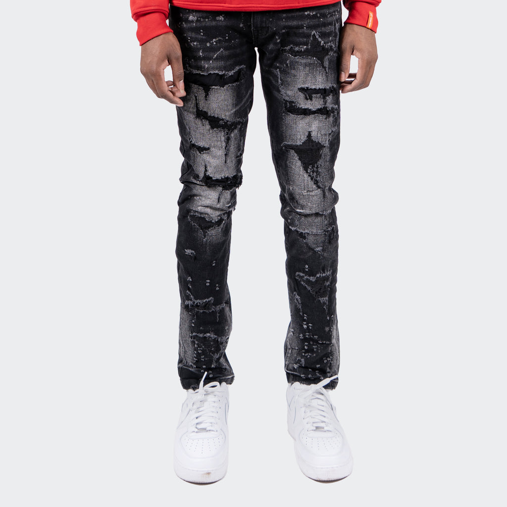 Men's TWO MILL TWENTY "Touhy" White Paint Splatter Rip & Repair Skinny Fit Urban Denim Jeans Dusty Black