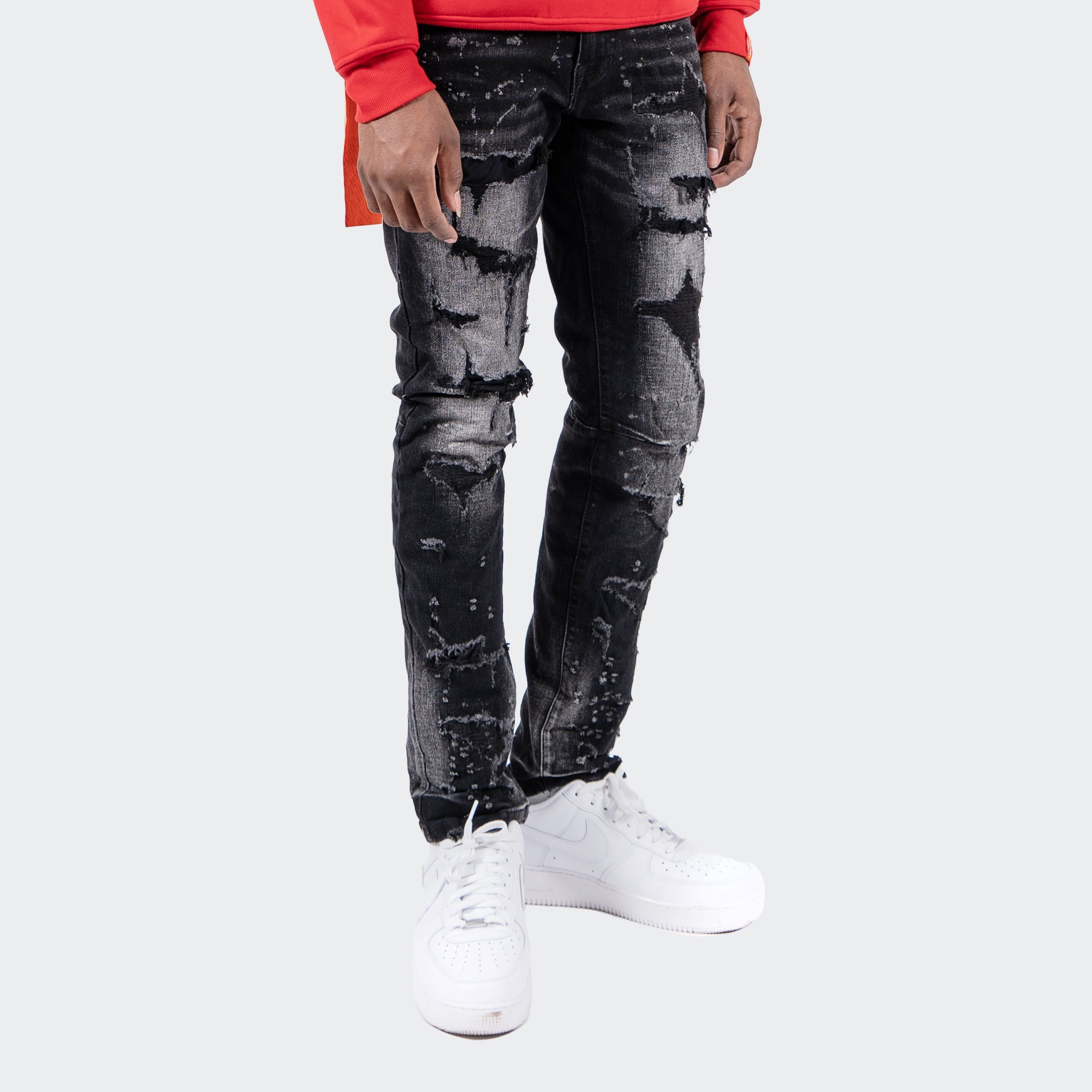 Men's TWO MILL TWENTY "Touhy" White Paint Splatter Rip & Repair Skinny Fit Urban Denim Jeans Dusty Black