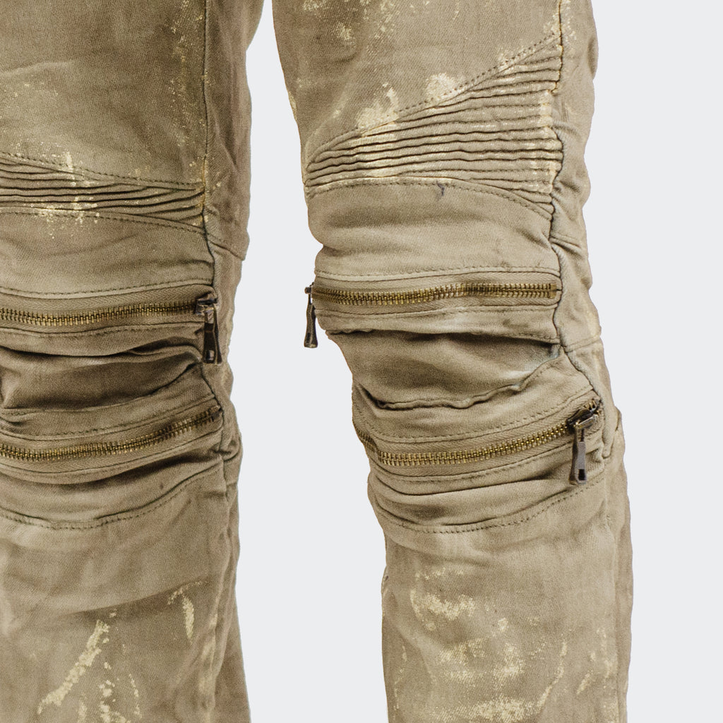 Men's TWO MILL TWENTY "Cicero" Distressed Paint Splatter Zip Knee Slim Fit Urban Moto Denim Jeans Hazelnut