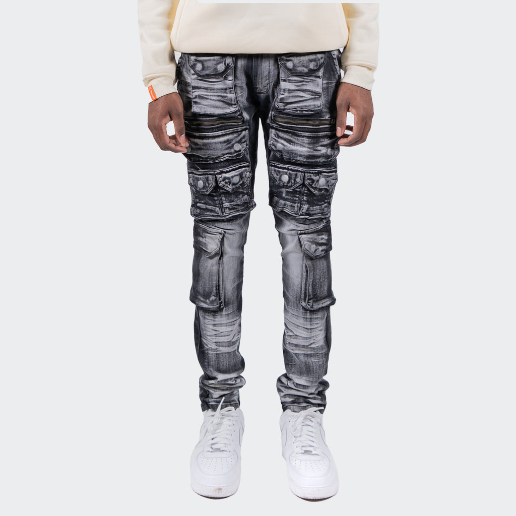 Men's TWO MILL TWENTY "Austin" Utility Pocket Fashion Skinny Denim Jeans Black Wash