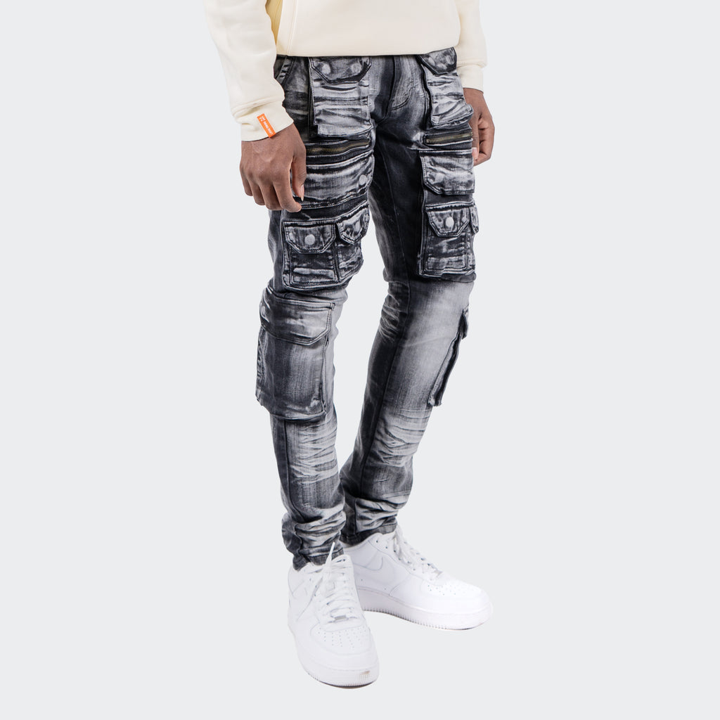 Men's TWO MILL TWENTY "Austin" Utility Pocket Fashion Skinny Denim Jeans Black Wash