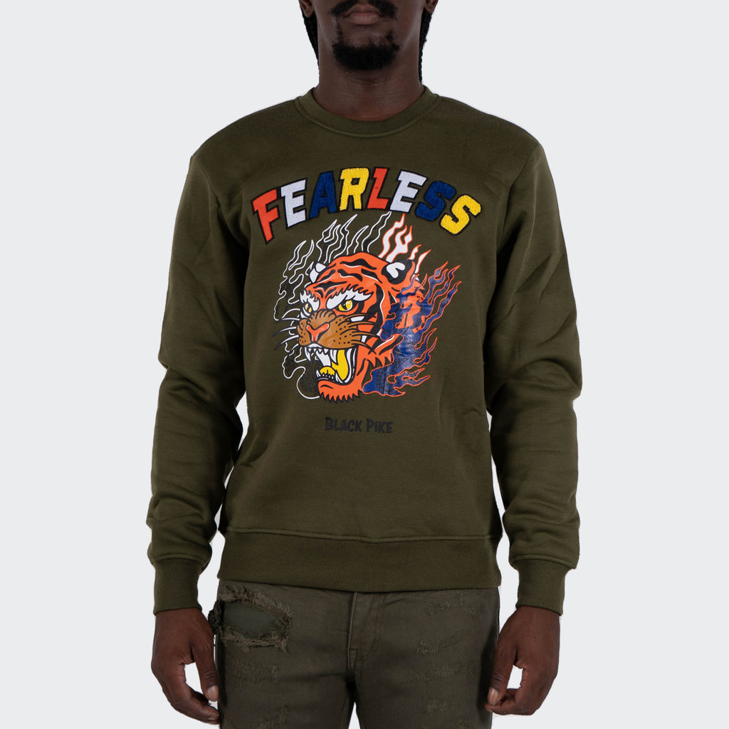 Men's TWO MILL TWENTY "Fearless" Tiger Graphic Multi Texture Sweatshirt Olive