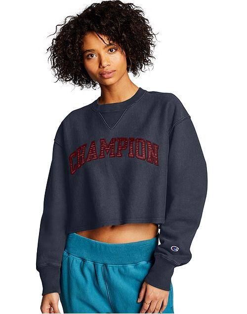 Women's Champion Life Reverse Weave Vintage Wash Cropped Crew Navy