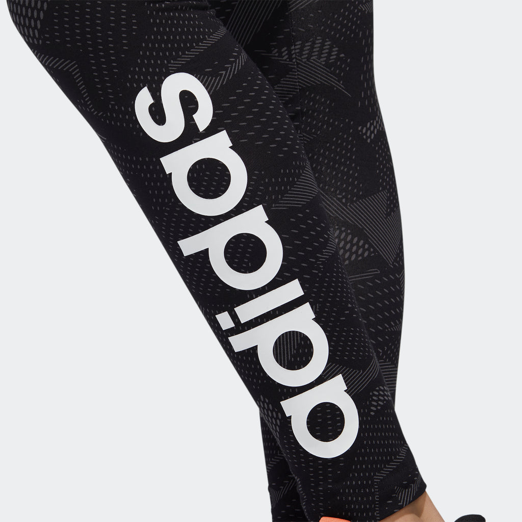 Women's adidas Essentials Allover Print Leggings Black GE1140 | Chicago City Sports | adidas logo view on pant leg
