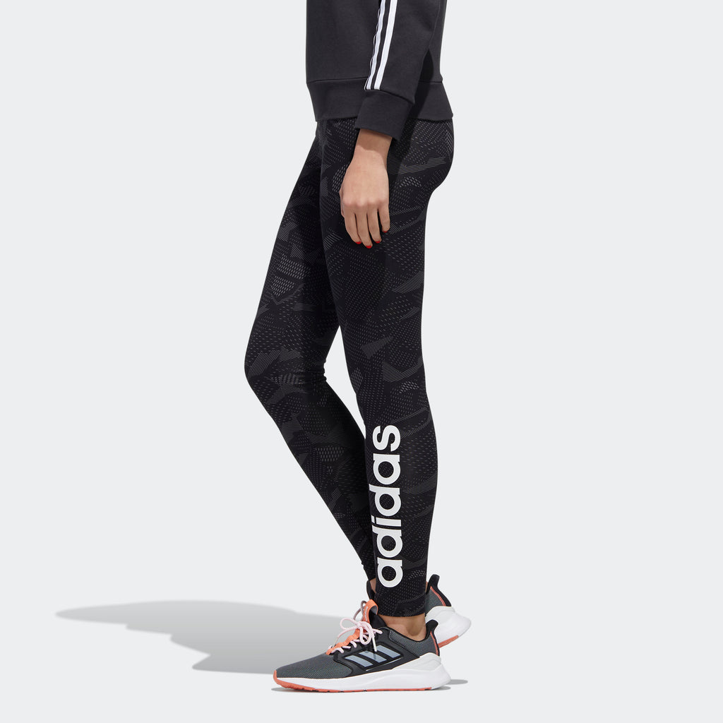 Women's adidas Essentials Allover Print Leggings Black GE1140 | Chicago City Sports | side view on model